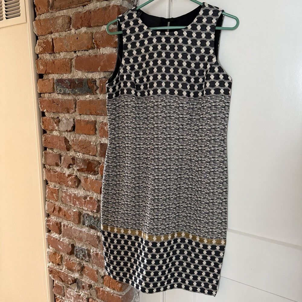 Carlisle Sleeveless Sheath Dress Woven Fabric Navy White Gold Round Neck Size 6